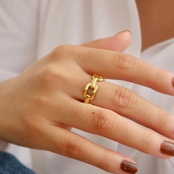 Gold Chain Ring Charm Ring Chain Link Ring Gold Pinky Ring Womens 14k Ring - Picture 1 of 3